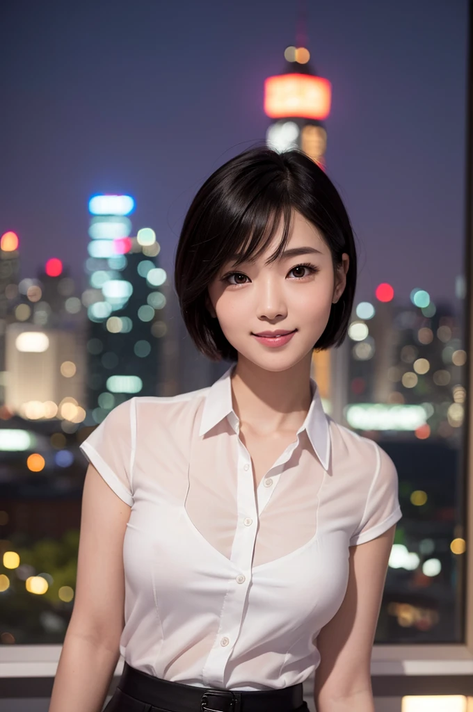 (Super real, real photo, professional photographer) One Japanese woman, super beautiful, realistic face, short beautiful hair, super fine skin, dress shirt, Leggings, beautiful body, beautiful night view, blurred background, upper body shot, seductive expression, beautiful smile, natural standing posture