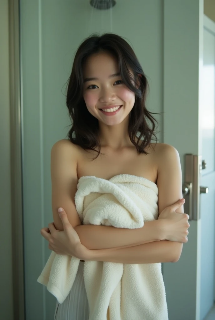 lens: 135mm f1.8,(Highest quality), (Beautiful 12 year old Japanese girl),  (Moist lips), Narrow eyes, double eyelid,Delicate clavicle,Flat Chest,Shortcuts,
 (Let me&#39;Let&#39;s take another look),  shame, A faint smile,
(Spotted sunlight:1.2), Dramatic lighting, 
(Being completely naked), (Sunburned skin:0.2),Full body photo、Whole body image、Full Body Shot、 figure、、Underdeveloped flat chest、smile、Crouch on the floor、Stand up straight、Tight waist、Small pelvis