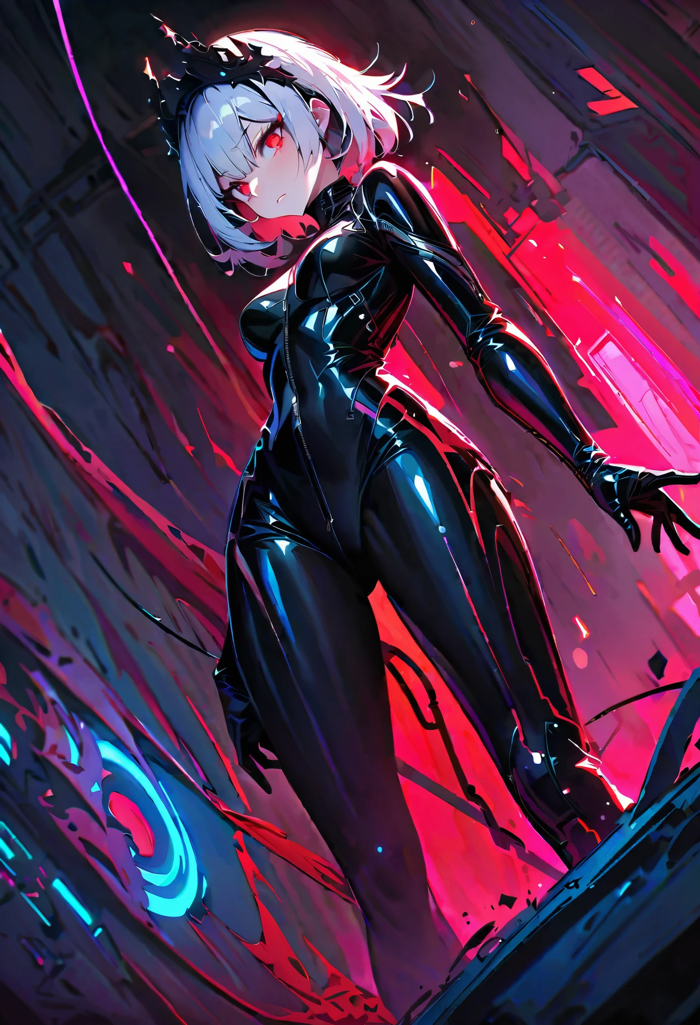 uma garota muito linda e muito magra, wearing a black lingerie with pantyhose and face mask latex. Dark room with only red neon lighting. Muitos detalhes, extremamente realista. Alta qualidade, 8k
