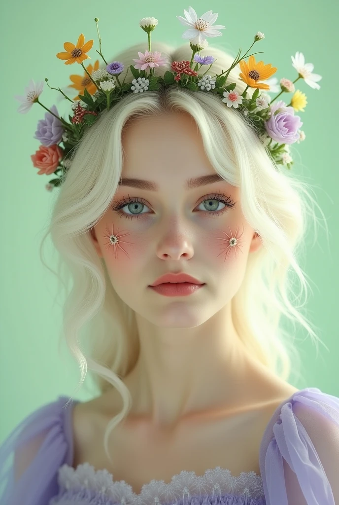 Soft focus portrait of a youthful woman with platinum blonde hair, adorning her crown with a whimsical bouquet of wildflowers. She wears a pastel lilac gown and subtle peach makeup with a vibrant floral design on her cheeks. The pale green gradient background evokes a serene spring morning ambiance, while the gentle lighting casts a dreamy glow on the flowers.