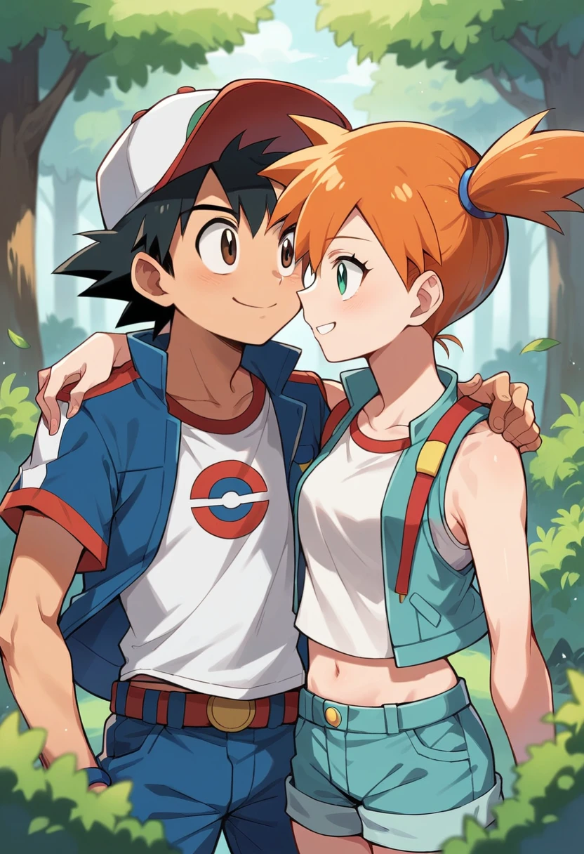 1boy, ash ketchum, black hair, brown eyes, hat, baseball cap, shirt, white shirt, t-shirt, jacket, sleeveless jacket, shorts, blue shorts 1girl, misty pokemon, orange hair, side ponytail, green eyes, white crop top, belly button, blue jeans shorts photograph of a couple, in a forest, they're looking at each other, they're hugging, they're smiling at each other