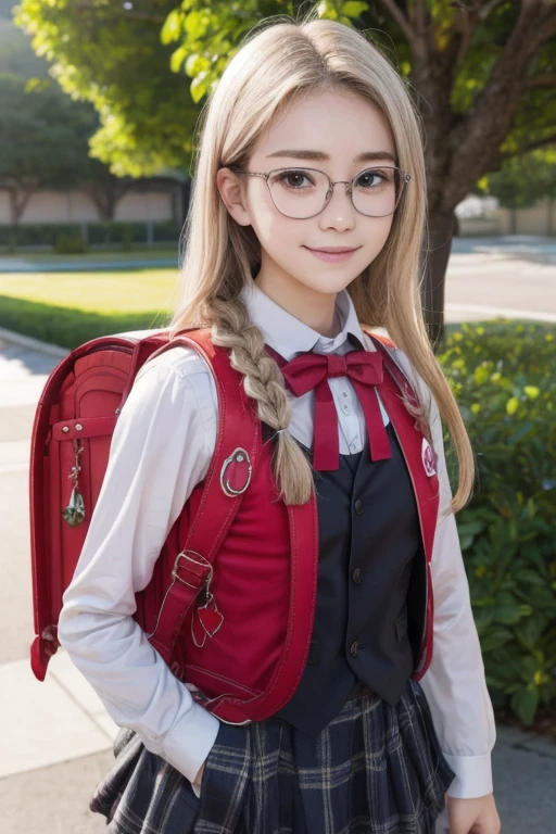 (masterpiece, best quality:1.0), realistic, highly detailed,  detail,  1girl , Chōkawaī, high school student, glasses, white hair, long hair, braided hair, ahoge, no makeup, purple eyes, glasses, Uniform, red bow tie, collared shirt, sweater vest, blazer, black blazer, opened jacket, long sleeves, plaid skirt, brown skirt, outdoor,  smile,  standing, cowboy shot, wearing school backpack, (red backpack:1.2)