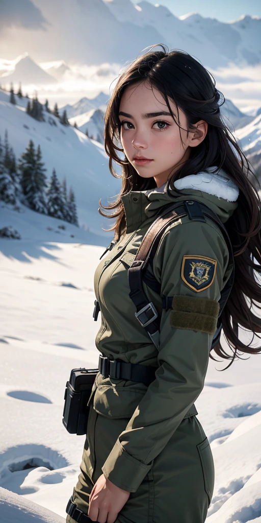 " Portrait of a young elite soldier in a snowy landscape ,  quality with a decisive and focused expression .  She wears tight and practical military equipment ,  with tactical straps and harnesses that stand out against her slightly tanned skin .  Her wavy and loose hair falls in cascade around her shoulders , giving her natural and free air .  Dramatic, cinematic lighting highlights the details of her face and uniform,  capturing the realism of a scene in high resolution .  The snow and the background Mountains add a cold and atmospheric touch ,  in a realistic environment of 8k ,  with a sharp focus and intricate details .  Photograph captured in realistic style ,  with a perfect balance of natural colors and deep shadows ."