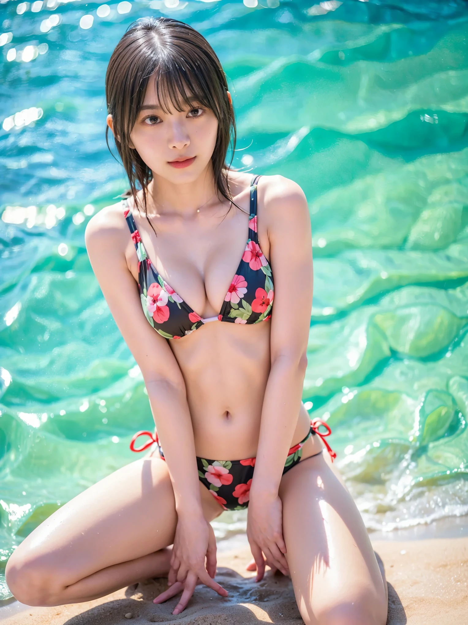 Best Quality、8,masterpiece、、 ultra high resolution、( photorealistic:1.4)、Original photo、 1 girl、 dark brown hair 、 medium hair、Healthy tanned skin、 wet body、drama、 is showing the whole body、(Kneeling on the Beach 、 open legs:1.2)、Wear a bikini with cute pattern 、、Lime sexy micro bikini 、 Wear the 、Lime sexy micro bikini 、Attractive bodyを持つモデル、Bikini Model、Lime sexy micro bikini 、Swimsuit model、2  female model、Floral swimsuit、若いSwimsuit model、 Shiny Plastic Bikinis 、 Japanese model、( shiny spandex separate costume thong bra standing in the water、)Pee Bikini,、Attractive body、Wet swimsuit、 Sexy Young Women 