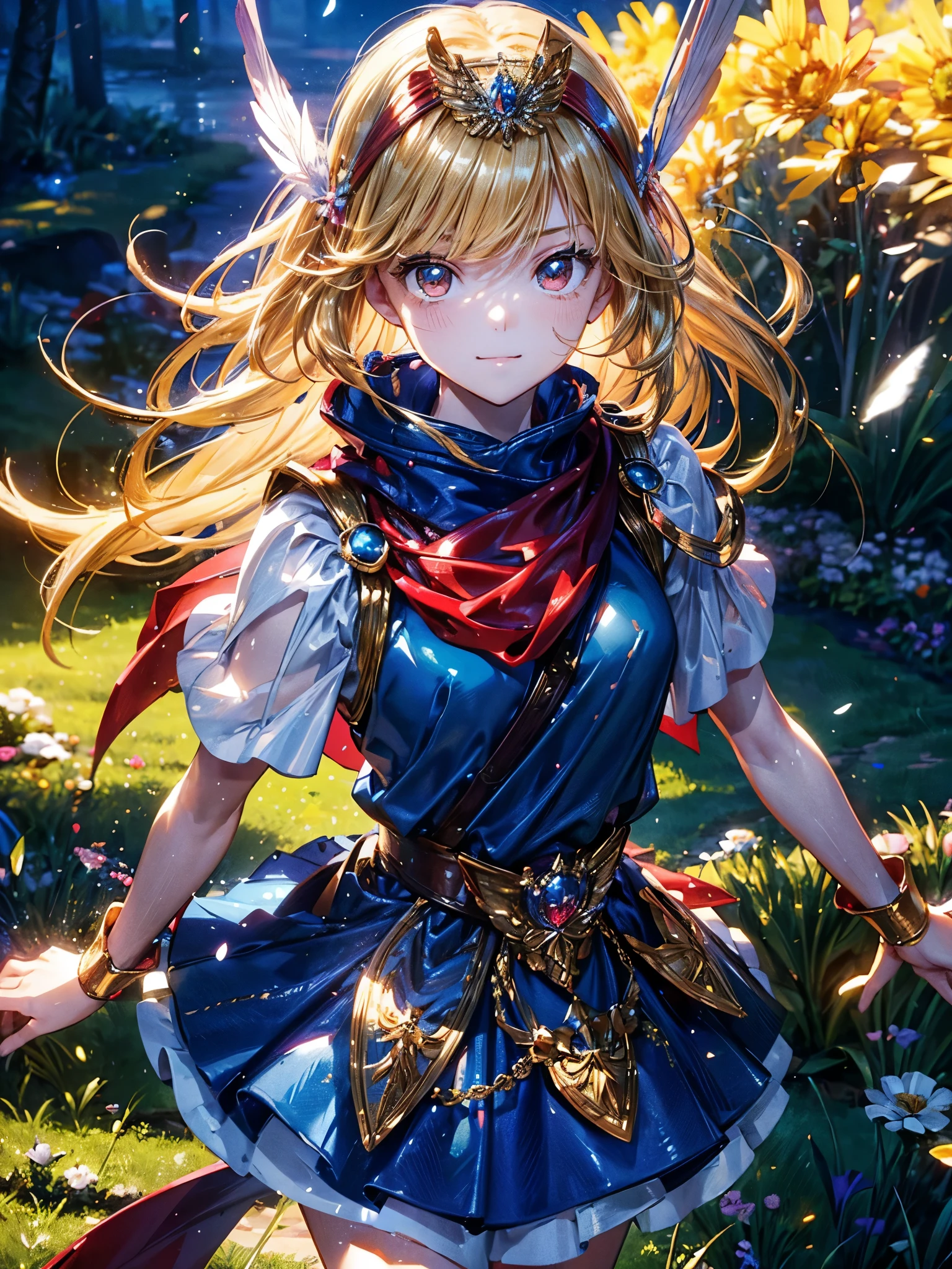 masterpiece、1 beautiful girl、fine eyes、smile,puffy eyes、highest quality, 超High resolution, (reality: 1.4), movie lighting、super beautiful、beautiful skin、body facing forward、Upper body,close up of face,(Ultra-realistic)、(High resolution)、(8k)、(very detailed)、(Beautiful and fine eyes)、(Super detailed)、 (wall-)、detailed face、bright lighting、professional lighting、looking at the viewer、look straight ahead、slanted bangs、perfect cosplay, highest quality,super detailed,1 girl,alone,magical princess,blonde hair,blue clothes,blue skirt,brown eyes,feather hair band,long hair,pauldron,boots,red scarf,tiara,white shoes, flower field background,prepare a bow