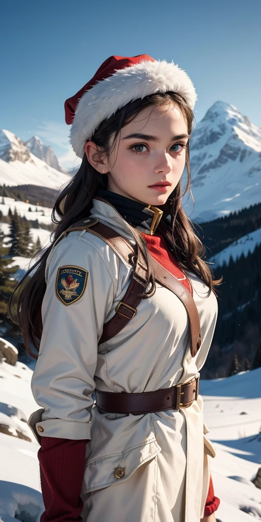 " Portrait of a young elite soldier in a snowy landscape ,  quality with a decisive and focused expression .  She wears tight and practical military equipment ,  with tactical straps and harnesses that stand out against her slightly tanned skin .  Her wavy and loose hair falls in cascade around her shoulders , giving her natural and free air . on,  wears a red Christmas hat with a white border ,  that has the name 'Arley' embroidered in elegant letters .  The dramatic and cinematic lighting highlights the details of his face, the hat and his uniform ,  capturing the realism of a scene in high resolution .  The snow and the background Mountains add a cold and atmospheric touch ,  in a realistic environment of 8k ,  with a sharp focus and intricate details .  Photograph captured in realistic style ,  with a perfect balance of natural colors and deep shadows ."