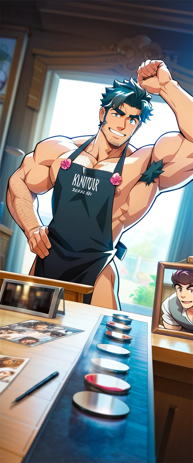 zeke_hunter, looking at the spectator ,smile, male approach ,apron,muscle shirt, pectoral muscles,muscle shirt male,only,yaoi, hands on hips ,naked apron,hairy armpits,bulto,  (8K, raw photo, extremely high quality), (((elegant:1.4))),  The best quality, official art, Extremely detailed CG Unity 8K wallpapers, bulto,