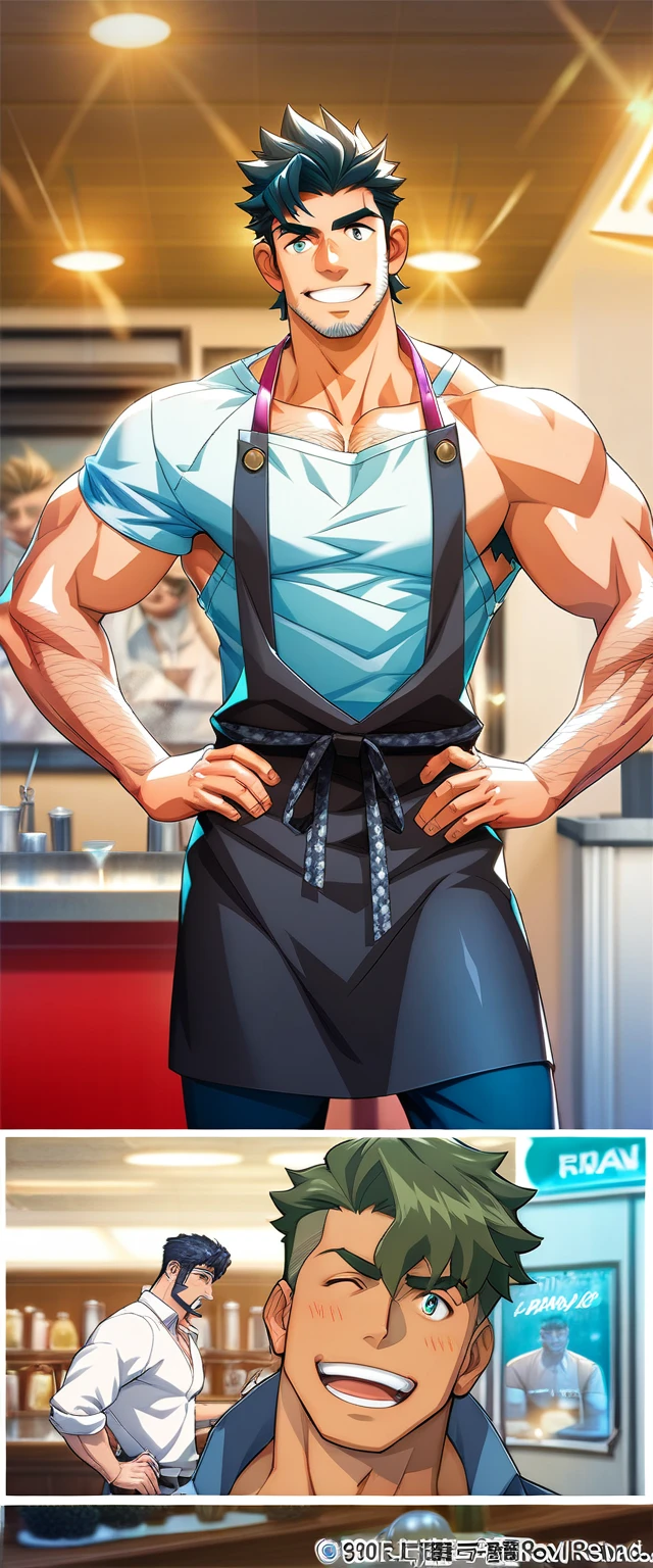 zeke_hunter, looking at the spectator ,smile, male approach ,apron,muscle shirt, pectoral muscles,muscle shirt male,only,yaoi, hands on hips ,naked apron,hairy armpits,bulto,  (8K, raw photo, extremely high quality), (((elegant:1.4))),  The best quality, official art, Extremely detailed CG Unity 8K wallpapers, bulto,