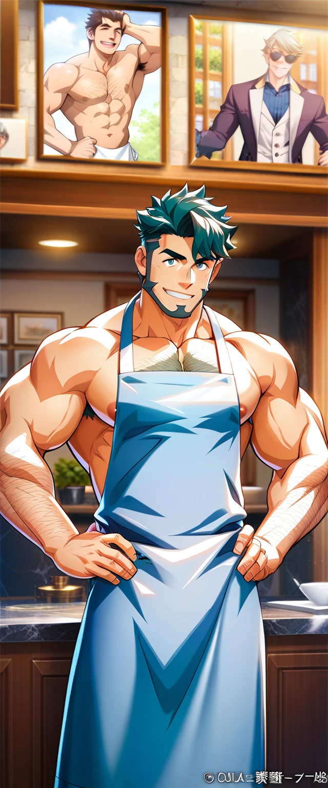 zeke_hunter, looking at the spectator ,smile, male approach ,apron,muscle shirt, pectoral muscles,muscle shirt male,only,yaoi, hands on hips ,naked apron,hairy armpits,bulto,  (8K, raw photo, extremely high quality), (((elegant:1.4))),  The best quality, official art, Extremely detailed CG Unity 8K wallpapers, bulto,