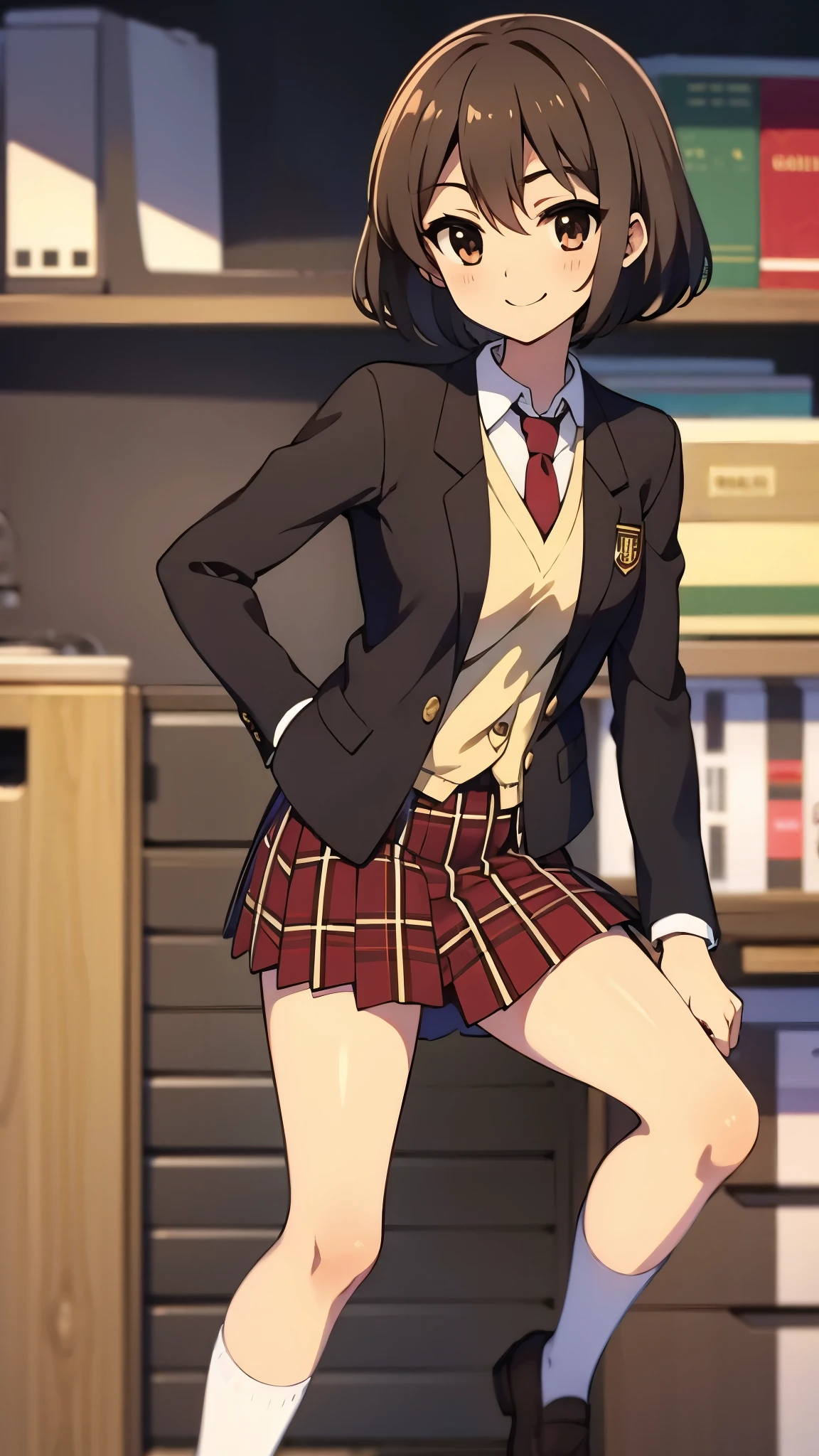 in library, anime style, ultra high res, break white socks1:4, break Best quality, adult body, UHD, break contented smile, black blazer, red tie, red plaid pattern skirt, brown loafer, sharpen, 32k, masterpiece, intense gaze,