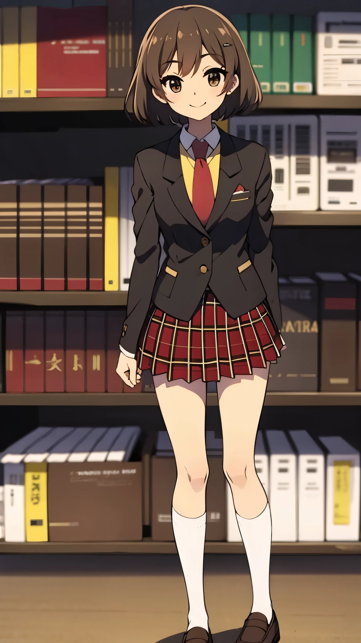 in library, anime style, ultra high res, break white socks1:4, break Best quality, adult body, UHD, break expressionless1:2, black blazer, red tie, red plaid pattern skirt, brown loafer, sharpen, 32k, masterpiece, intense gaze,
