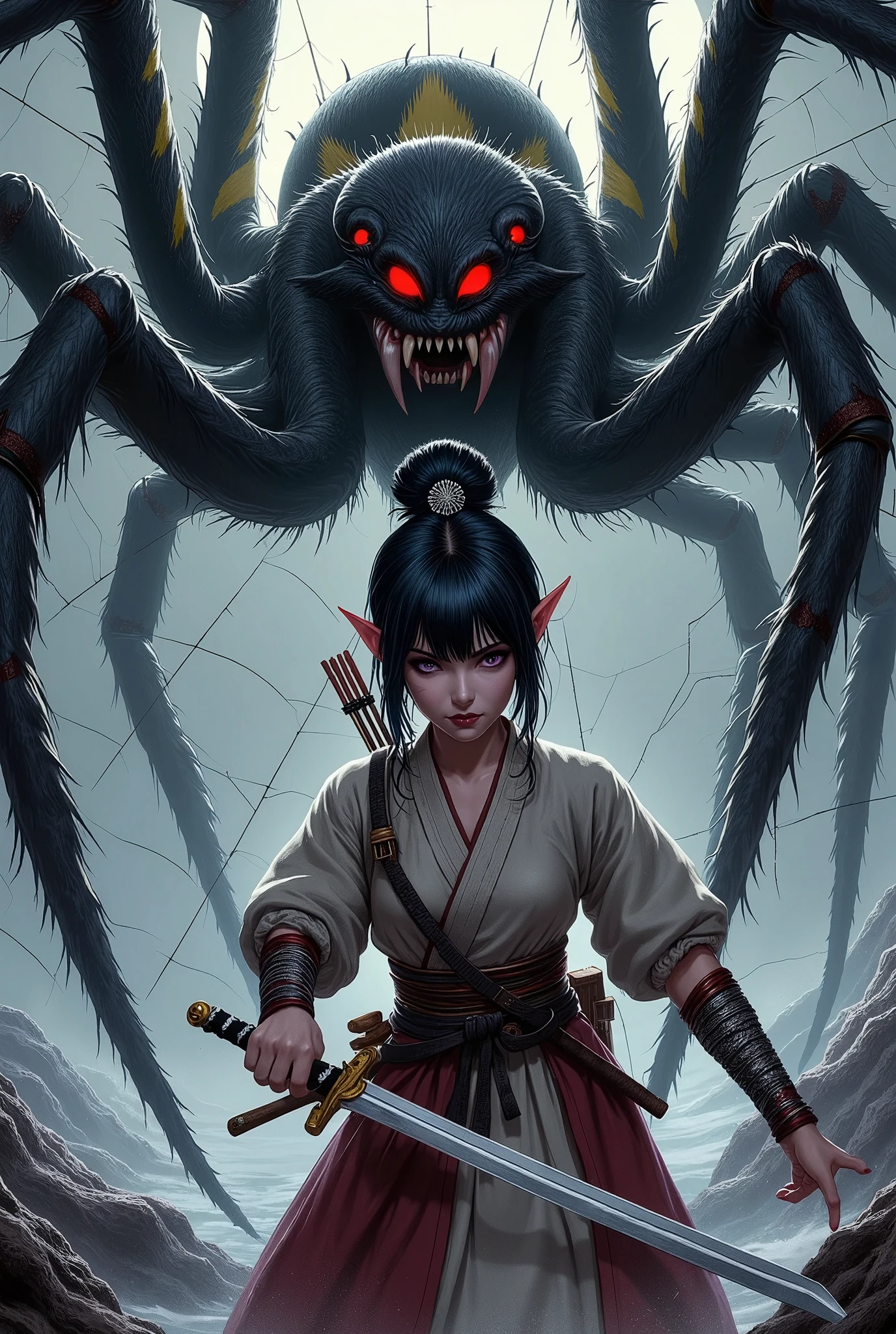 (Ultra-detailed face, Looking away, Fantasy Illustration with Gothic, Dark tone colors.), BREAK 
(A medieval Japanese female swordsman stands low and slightly twisted, holding the hilt of a drawn Japanese sword in both hands and glaring at you from a shoulder stance. Behind the female swordsman is a spider with a black and yellow striped body, with thin legs the size of a horse, in the center of a shiny white spider web. The spider has eight glowing red eyes and bares fangs dripping with green venom as it roars.), BREAK 
(A medieval Japanese female swordsman wears her hair in a bun with a silver hair ornament. She wears a traditional medieval Japanese linen mizuhoshi, a baskets and leg bands with red trim. She wears deerskin boots dyed red and black. On his waistband is the sheath of a sword, and on his back he carries a quiver of arrows and a bow the size of a man's back.), BREAK 
(She has glossy jet-black hair and eyebrows, blunt bangs, waist-length well-groomed hair bunched at the back of her neck, small pink lips, light skin tone, light brown eyes, and a young-aged medieval Japanese female swordswoman with thick, dark eyeliner around her eyes.), BREAK 
(This is the late-night capital of Kyoto in medieval Japan, a city of disturbed security where yokai, ghosts, bandits, and pirates abound. This picture scroll depicts a female swordsman who is ordered to defeat a specter.)