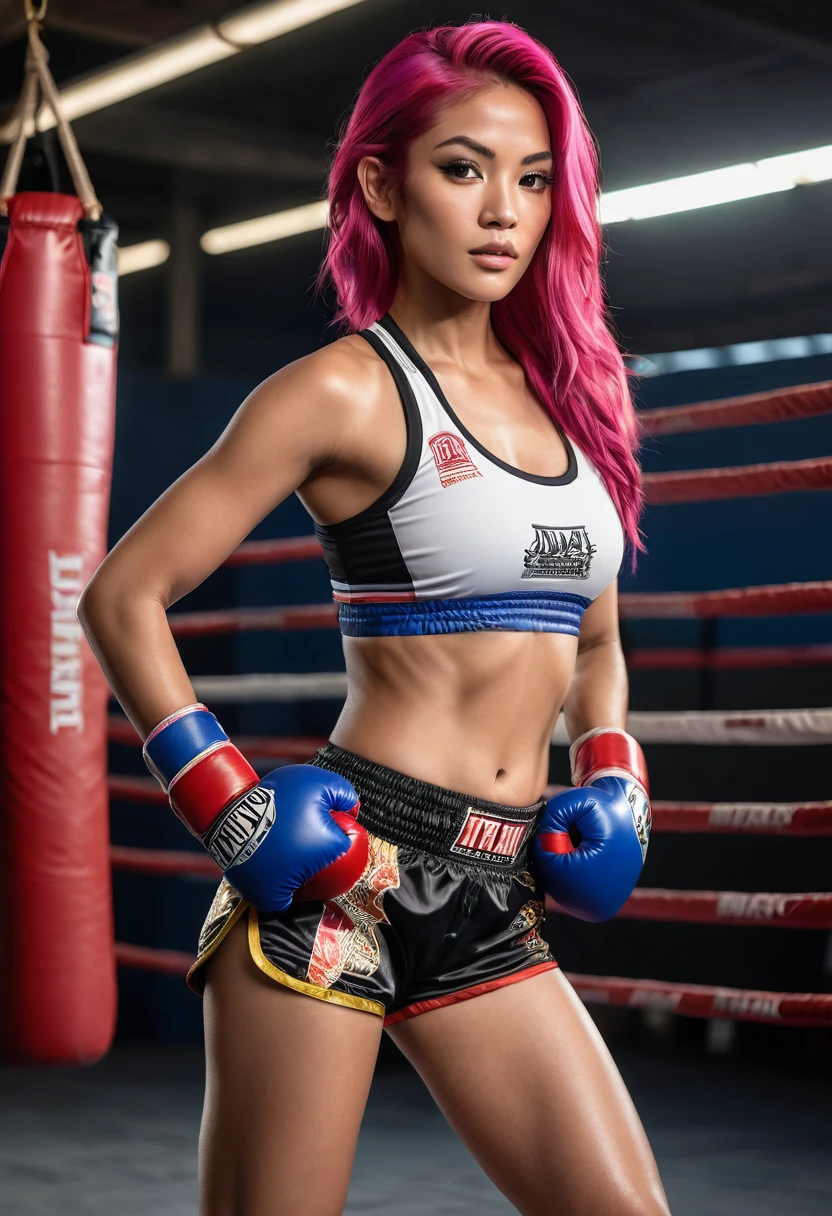 (blue hair:1.4), short hair, realistic green eyes, cobalt hair, long bob hair, tousled hair, shoulder length hair, Full body, woman with white skin and Asian features, 24 year old, big breast. She has a small, elegant nose with a slight upward curve at the tip. Her lips are full and naturally pink, with a well-defined Cupid's bow. Her teeth are straight and white, enhancing her captivating smile. Her face has an oval shape with high cheekbones that add to her model-like appearance. highly detailed glowing eyes, specular light, extreme quality, crystal clear, cute face, detailed skin pores, oil Dark skin, brown, complex eye details, 8K, (wearing MMA gloves:1.3), (MMA pose:1.2), (background inside light, bright, (lascivious stare:1.2), fitness model body, full body shot, (big toned thighs:1.2), wide angle shot, low angle shot, fight ring background, wearing (tube top:1.3), (tube top:1.3), bare midriff, (Tight Women's Fight Shorts:1.3), UFC logo on clothing, cowboy shot, (sweaty:1.2), (short hair:1.2), (short hair:1.3), (short hair:1)