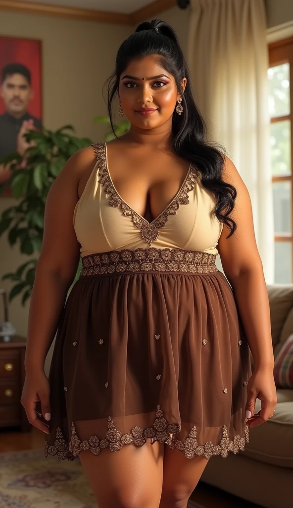 Full body shot of Disney's Pocahontas with a curvy body and large breasts. Wearing a skimpy see-through short gown. Barefoot. In a tepee sitting on a stool with her legs crossed