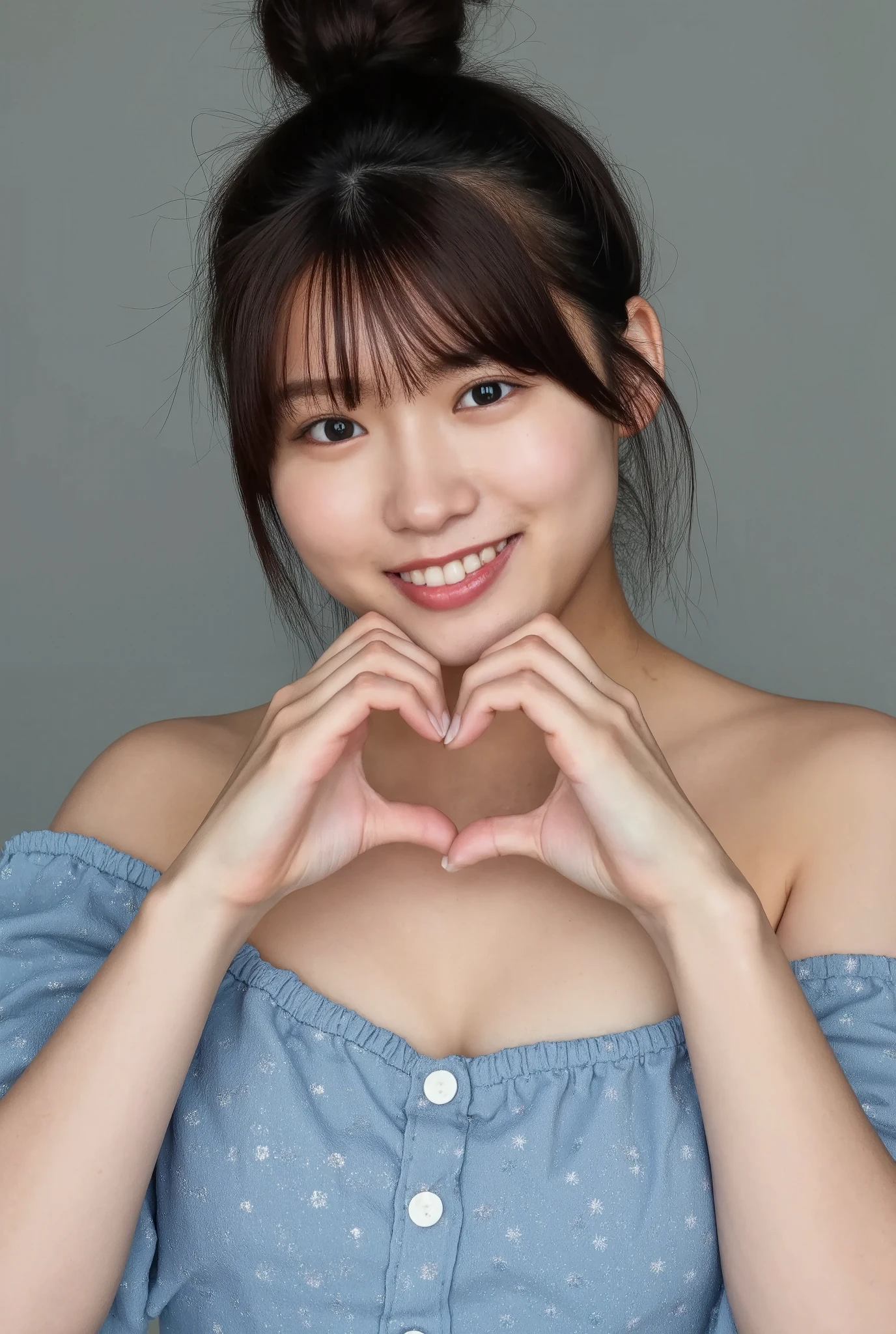 Only one woman with a cute smile wears cute, fluffy off-shoulder pajamas, makes a big heart shape with both hands, and poses them in front of her chest, View above collarbone、The background is a monotone 

