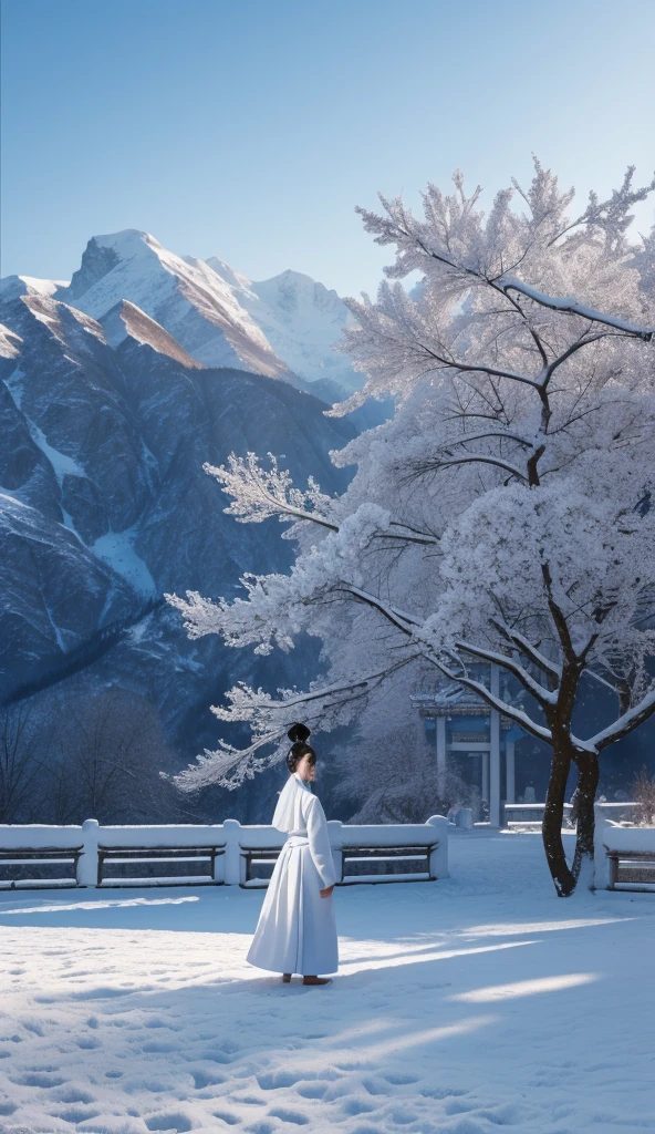 white,(snow:1.1),A poster of traditionalChinese art, a person standing on the openground, in front of Chinese architecture, a tree,silk blue background, Anle lepartment, layeredillusion, Modernist art, classical baalance, Chinesecontemporary, large format, Oriental inspiration,Ultra HD, (masterpiece:1.2), best quality,masterpiece, highres, original, extremely detailedwallpaper, perfect lighting, (extremely detailedCG:1.2), drawing, paintbrush, masterpiece, bestquality, 8k, insane details.