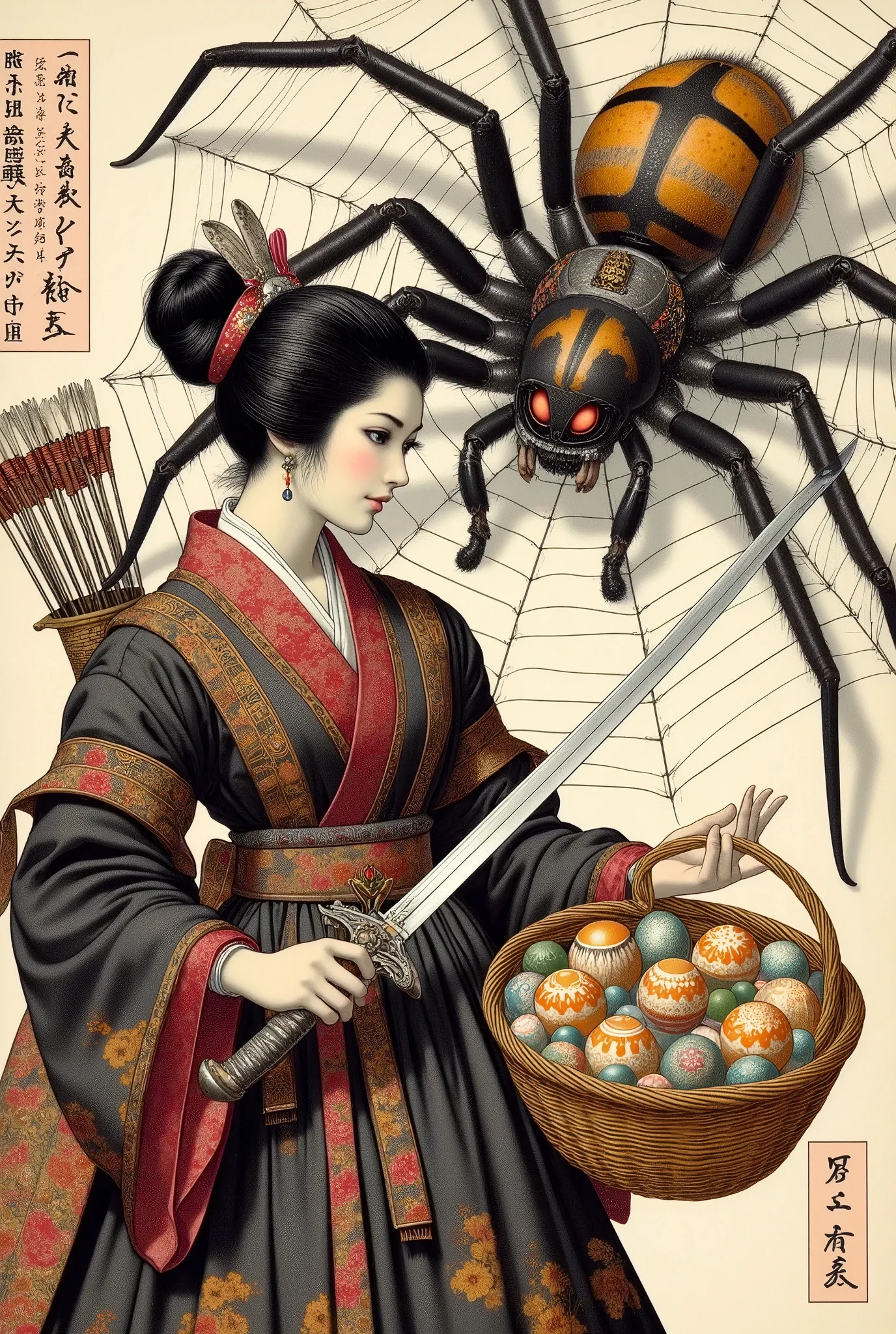 (Ultra-detailed face, Looking away, Fantasy Illustration with Gothic, Dark tone colors.), BREAK 
(A medieval Japanese female swordsman stands low and slightly twisted, holding the hilt of a drawn Japanese sword in both hands and glaring at you from a shoulder stance. Behind the female swordsman is a spider with a black and yellow striped body, with thin legs the size of a horse, in the center of a shiny white spider web. The spider has eight glowing red eyes and bares fangs dripping with green venom as it roars.), BREAK 
(A medieval Japanese female swordsman wears her hair in a bun with a silver hair ornament. She wears a traditional medieval Japanese linen mizuhoshi, a baskets and leg bands with red trim. She wears deerskin boots dyed red and black. On his waistband is the sheath of a sword, and on his back he carries a quiver of arrows and a bow the size of a man's back.), BREAK 
(She has glossy jet-black hair and eyebrows, blunt bangs, waist-length well-groomed hair bunched at the back of her neck, small pink lips, light skin tone, light brown eyes, and a young-aged medieval Japanese female swordswoman with thick, dark eyeliner around her eyes.), BREAK 
(This is the late-night capital of Kyoto in medieval Japan, a city of disturbed security where yokai, ghosts, bandits, and pirates abound. This picture scroll depicts a female swordsman who is ordered to defeat a specter.)