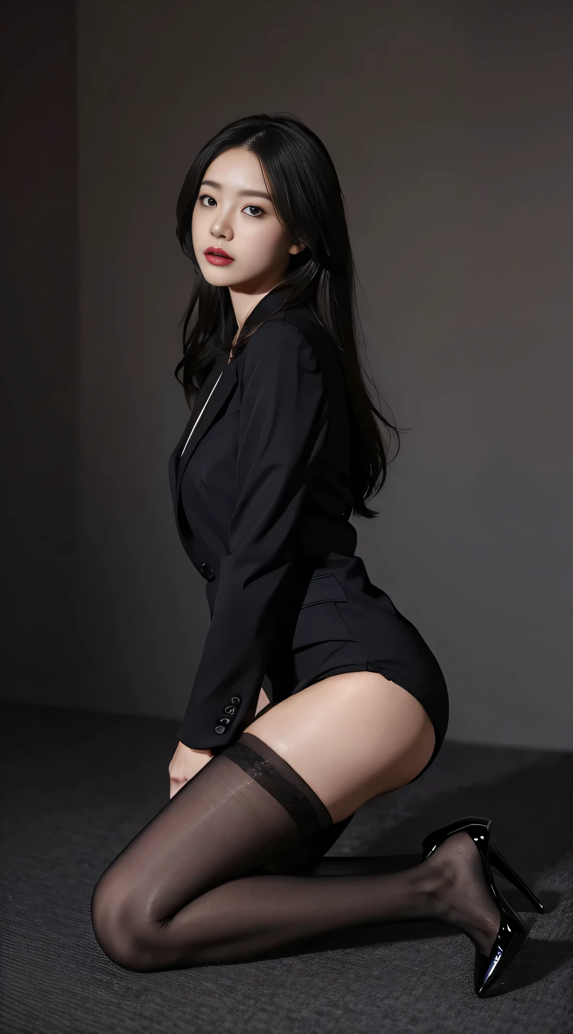 Lee Ji Eun (Best quality, 8k, 32k, Masterpiece, UHD:1.2), ((Composition from head to thighs:1.5)), ((backwards:1.8, Point your small tiny butt at the camera:0.8, Japanese-style room at the ryokan:1.8)), ((office suit:1.8)), (smile:1.5), erect nipples, 1 girl, solo, 18-year-old, 7 head and body, Ideal flat ratio body proportions, black hair, With bangs, small breasts, slender, small butt, beautiful feet, skinny legs, Surrealism, cinematic lighting, Depth of bounds written, first person perspective, Breasts F/1.8, 135mm, ticker, muste piece, curate, ((anatomically correct:1.3)), textured skin, super detail, high details, high quality, Awards, best quality, High resolution, 8K