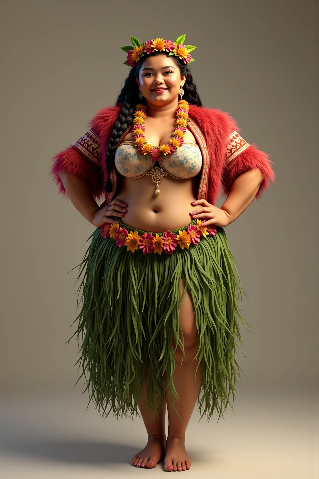 Beautiful indigenous woman , masterpiece, fully detailed, detailed face and body , Indigenous painting on the face , best possible quality, Bright reflected light , pierce the nose with crossed bones, , typical piercing, Aboriginal culture, Know more about everything , 8k、fat girl、((1 female)),stand on tiptoe、White blank background、stand facing forward、barefoot、full body portrait、stand with legs apart、model pose、