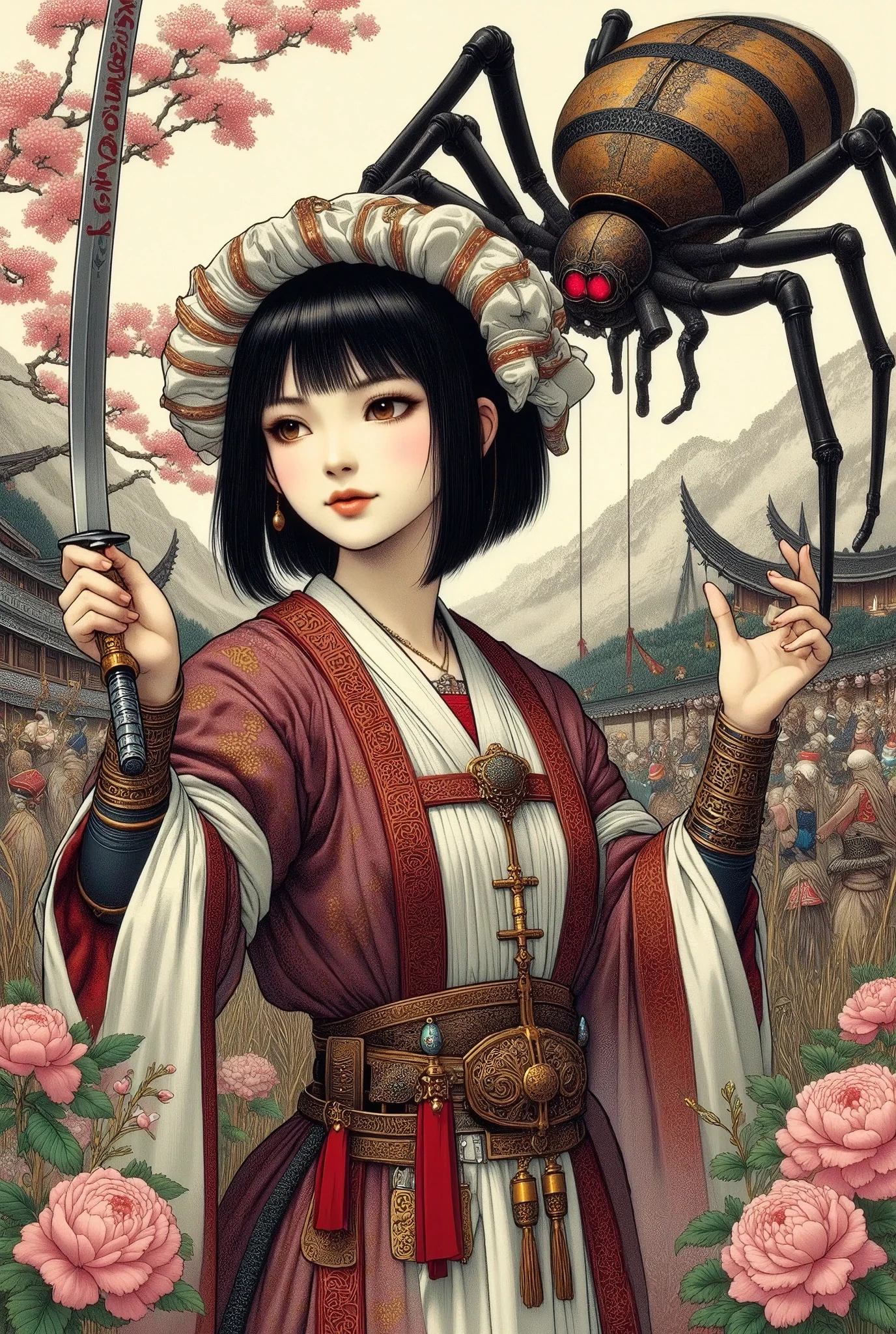 (Ultra-detailed face, Looking away, Fantasy Illustration with Gothic, Dark tone colors.), BREAK 
(A medieval Japanese female swordsman stands with a slight twist of her body, holds the hilt of a drawn Japanese sword in both hands, and glares at you in a shoulder stance. Behind the female swordsman, a spider the size of a large horse with black, thin, pointed legs and a black and yellow, venomous striped body is about to leap at you. The eight eyes on the spider's head glow an angry red, and it bares fangs dripping with green venom and roars.), BREAK 
(A medieval Japanese female swordsman wears her hair in a bun with a silver hair ornament. She wears a simple mizuhoshi of traditional medieval Japanese linen and a red-trimmed kotome and leglock. She wears deerskin boots dyed red and black. On his waistband is the sheath of a sword, and on his back he carries a quiver of arrows and a bow the size of a man's back.), BREAK 
(She has glossy jet-black hair and eyebrows, blunt bangs, waist-length well-groomed hair bunched at the back of her neck, small pink lips, light skin tone, light brown eyes, and a young-aged medieval Japanese female swordswoman with thick, dark eyeliner around her eyes.), BREAK 
(This is the capital of Kyoto in medieval Japan, a city of disturbed security where ghosts, goblins, bandits, and pirates abound. This picture scroll depicts a female swordsman who is ordered to defeat a specter.)