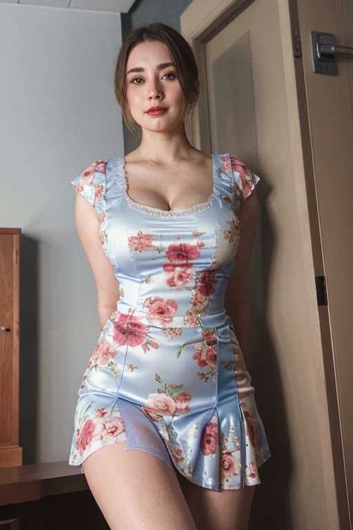 best quality, masterpiece, photorealistic, high resolution, solo, 1 girl, realistic and detailed skin,standing, look at viewer, 20-year-old, (sun glasses with thick frame:1.4),slender body shape、((legs spread)),big breasts, sexy lips,(sexy lace white with blue trim short dress:1.4),smile,Snake_Skin_Mini_Dress