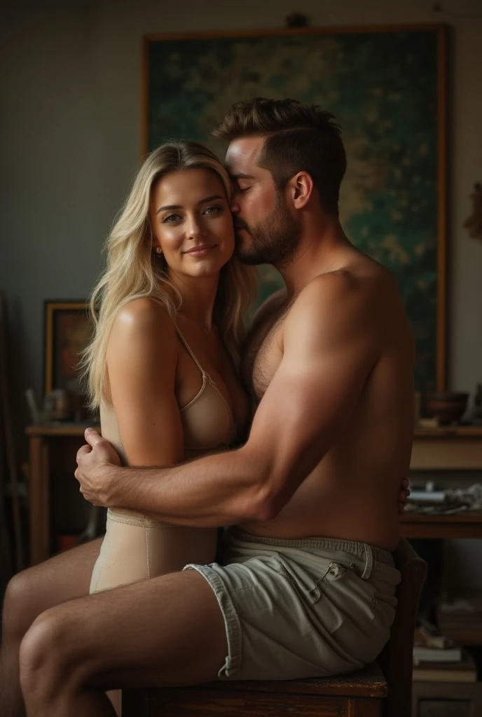 an old American grandfather aged 70 years, thin body, naked, having sex with his wife, a beautiful young American woman aged 16 years, blonde hair in a bun, naked, they look at each other and smile, in a romantic room, cinematic, wide shot,