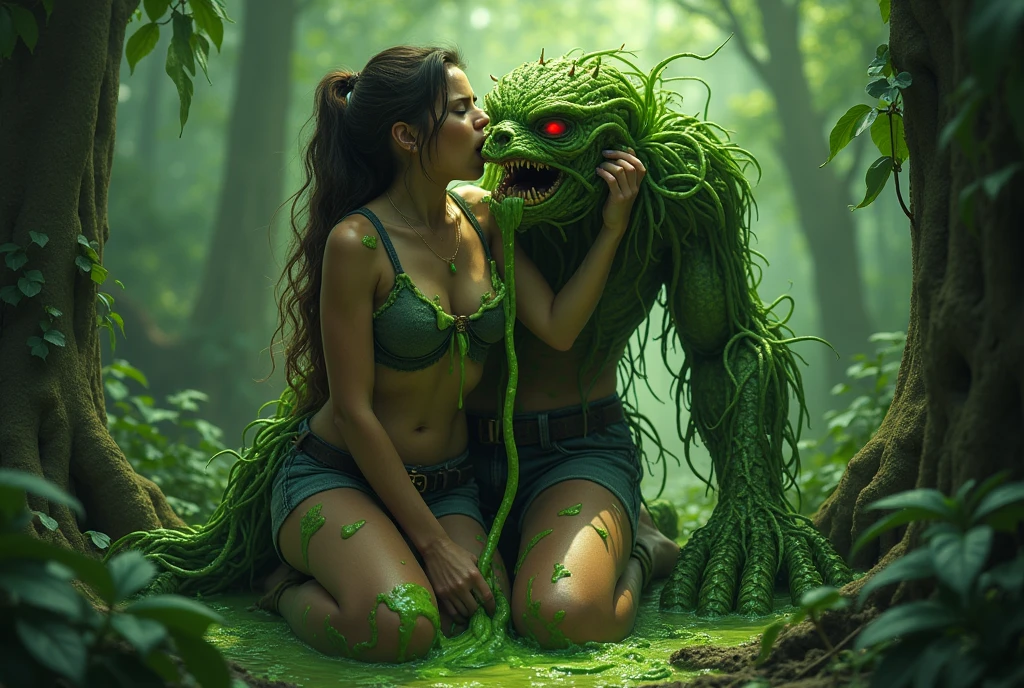 Swamp Thing surrounded by women, a series of blood on the leaves of a snake in the water, tentacles and eyes