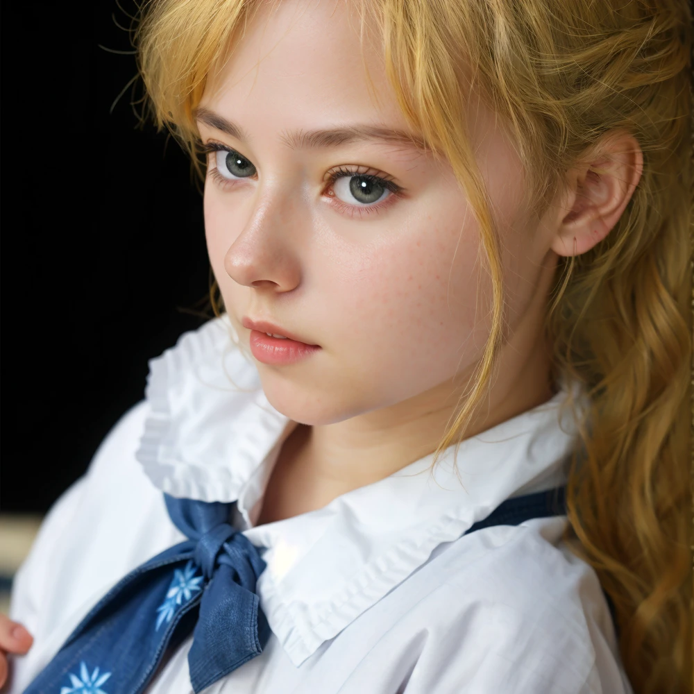 Best quality, facial focus, Soft light, ultra high resolution, (Photorealistic: 1.4), RAW photo, ??? japanese girl, extremely blue eyes, straight and very blonde hair, dressed in a dark gray kimono