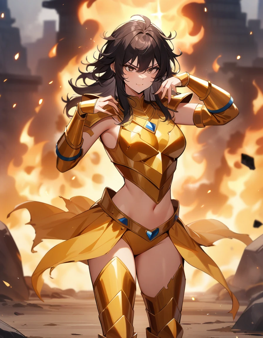 (masterpiece),( best quality), 1girl, long black hair, dark skin, bright hazel eyes, hyper-detailed, perfect body, detailed eyes, beautiful girl, superhero, leotard, war_glam armor, embroidery, tiara, bare legs, gloves, boots, ripped muscles, athletic physique, infused with energy, spinning into a cyclone, outstretched arms, whirlwind
