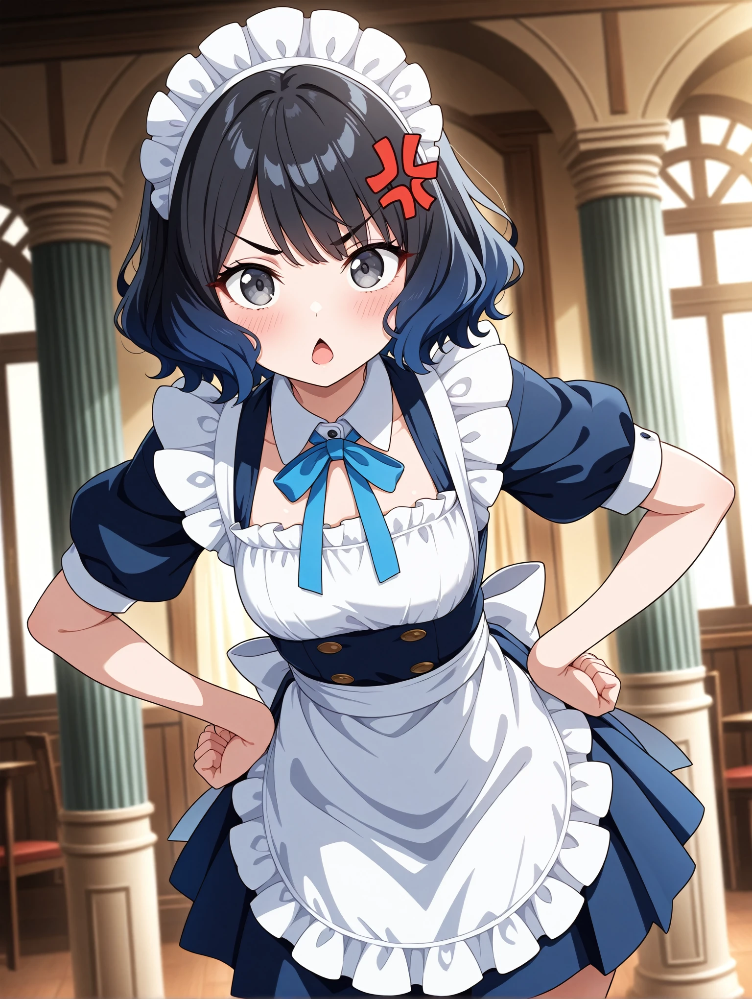  1girl, waitress, blue hair, solo, maid, maid headdress, short hair, open mouth, blue eyes, hand on hip, looking at viewer, maid apron, enmaided, blue dress, black eyes, eyelashes, frills, grey eyes, blurry background, puffy short sleeves, chestnut mouth, eyebrows visible through hair, triangle mouth, standing, bangs, blue neckwear, anime coloring, cowboy shot, indoors, blue bow, white apron, shiny hair, v-shaped eyebrows, wavy hair, blush, depth of field, frilled apron, blue ribbon, neck ribbon, clenched hand, :<, :o, curtains, blue skirt, angry, pleated skirt, hands on own hips, hand on own hip, pillar, blue bowtie, black hair, anger vein,
,masterpiece,best quality,amazing quality,very aesthetic,absurdres,newest,