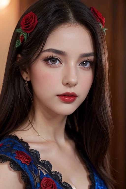 face close up, (masterpiece, best quality:1.2), 1girl, Spanish girl, 20years old, upper body, red rose hair ornament, black hair, deep blue eyes, rose lips, (dance costume, rose embroidery), flamenco stage, eyes hook the soul seduces you, looking at viewer,