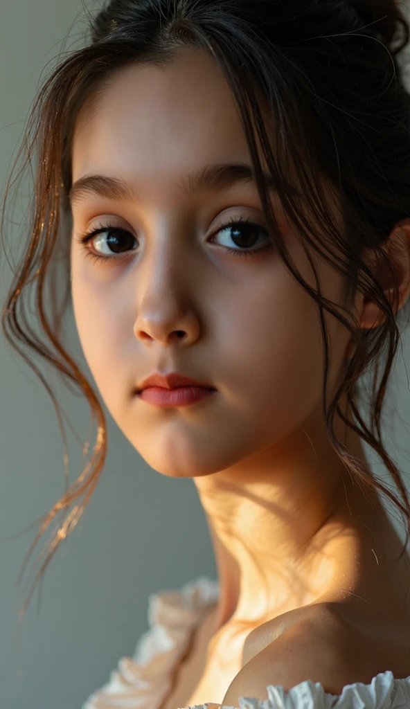 A child girl with long brown hair and an innocent face wearing a long light pink dress, she is kneeling on the floor bordering the floor