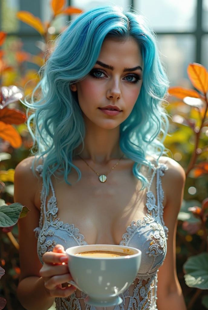 ((Long shot)) Influencer, light blue hair, bright blue eyes, big perky breasts, naturally wavy hair, sexual, big , enjoying a coffee in the mountains, stylish and modern look, relaxing, Calm, extravagant , 8K, extremely detailed, photo realistic, intricate details, realistic skin texture, realistic hair, texture, happy, 8K Ultra HD, best quality, High resolution, Attention to detail, Very large , Long shot, wide angle