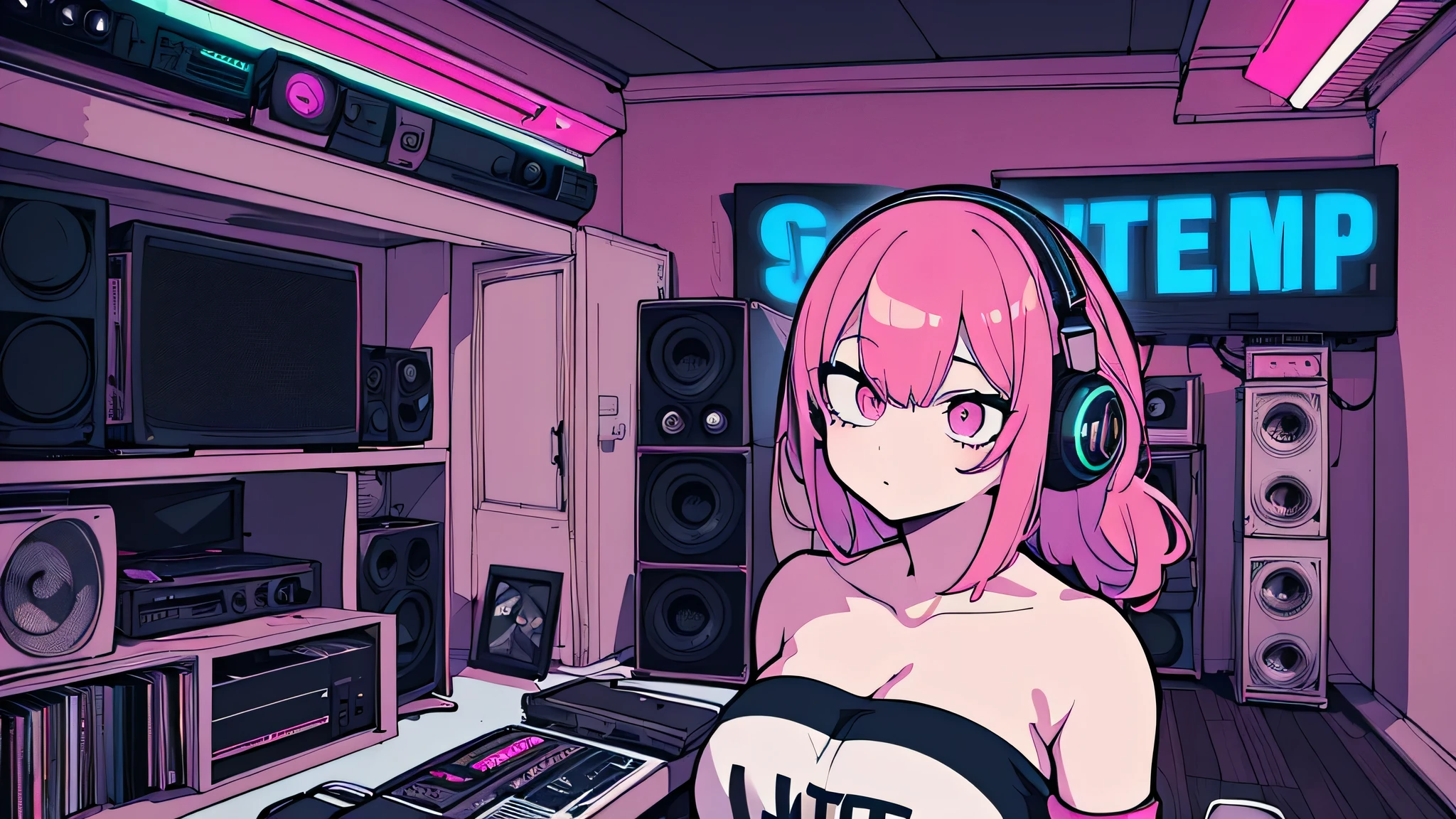 Best quality, (masterpiece), best detail face,1 girl, big breasts, 18 yo, 8k,absurdres,unity 8k wall paper,(extremely detailed:1.3), highest realistic, (retro headphones:), (soft neon light:), (psychedelic), Her room full of music equipment and plants, Light clothing in summer, See the whole room, She is leaving the room, natural color palette