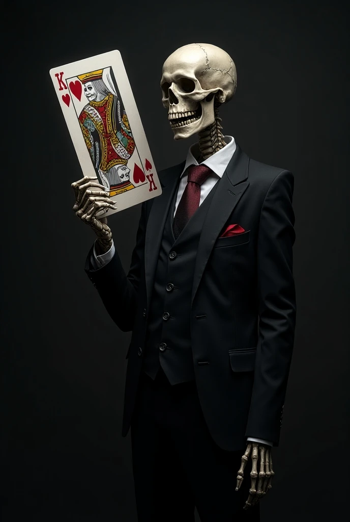 A skull in a suit with a deck of cards in his hand