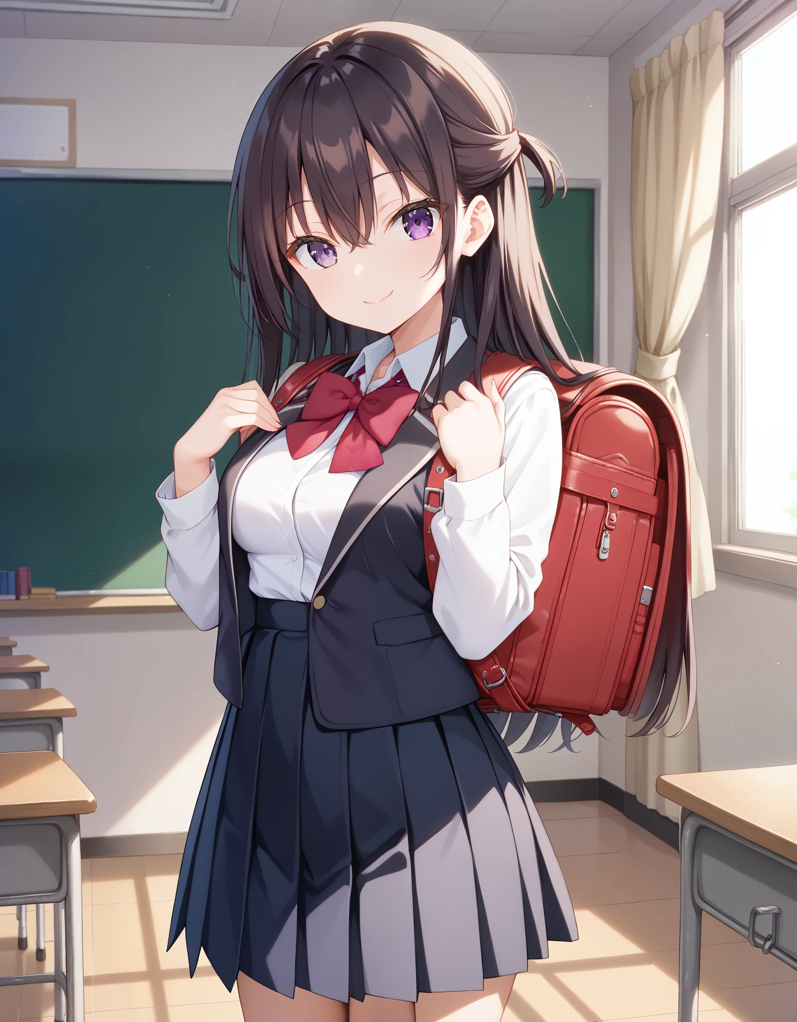 Masterpiece, hd, best quality, 1girl, yukisuou, long hair, bangs, brown hair, black hair, hair between eyes, purple eyes, half updo , medium breasts, shirt, bow, school uniform, jacket, closed jacket, white shirt, collared shirt,red bow tie, red bow, black vest,  jacket, red bow tie, black skirt, pleated skirt, standing, indoor, classroom, looking at viewer, undefined, alone, cowboy shot, wearing randoseru backpack, red backpack, smile