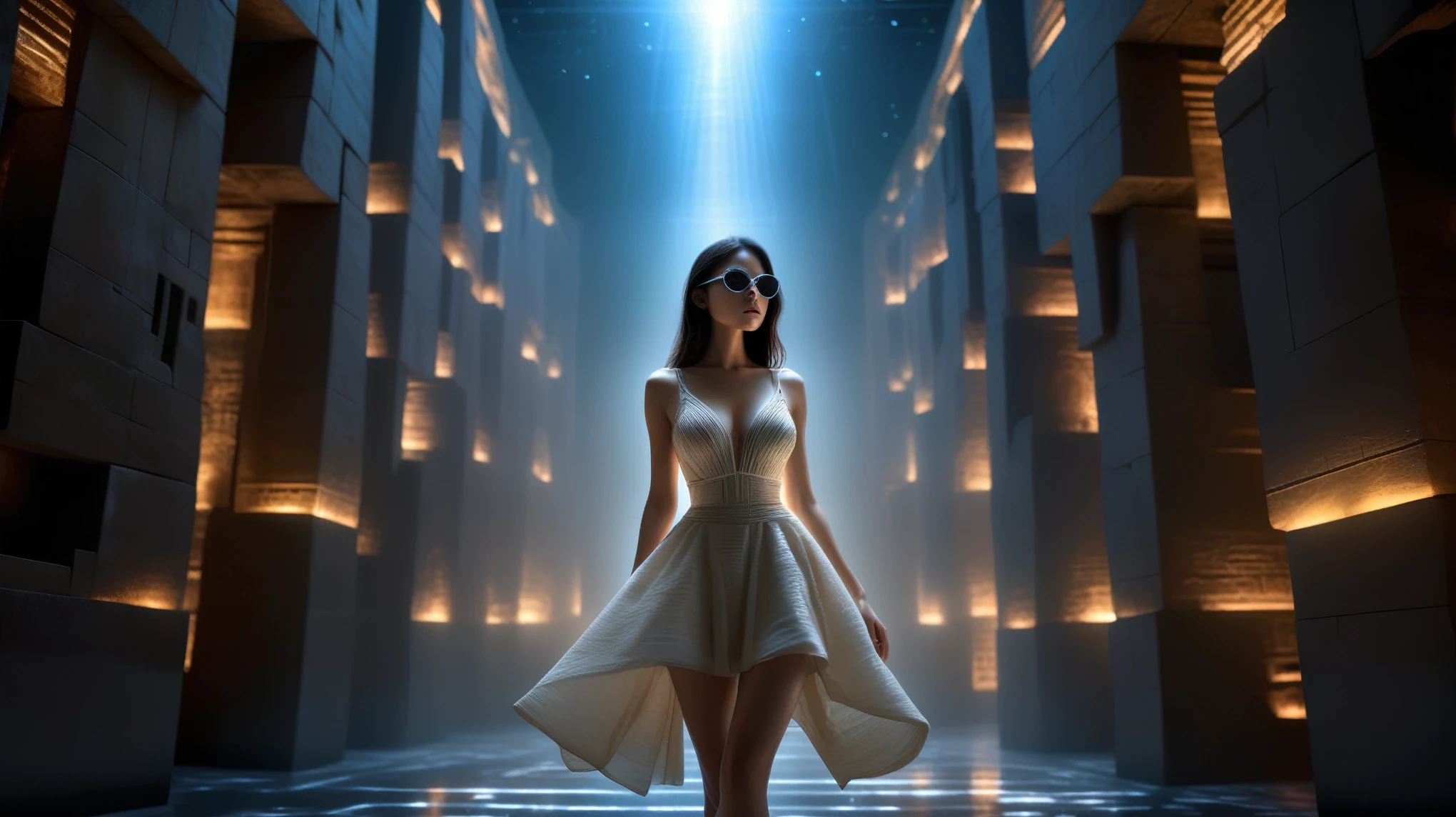 (Wide and low angle view). Ryoji Ikeda Style, fantasy arts, open-air ancient maze pyramid and sphinx, (flying cars), a sci-fi scene in the dark background. A woman, (wearing a transparent:0.8 ivory flowing stunning sleeveless sling backless deep-v one-piece short:0.1 loose princess dress), in dark background. (1girl, solo, alone), photorealistic, large-breast:1.4 slim:0.5 body, (detailed oval:0.4 face, strong light on face), side boob, cleavage:1.1, white laced G-string micro panty, (black micro sunglasses), (((((aiming viewer with a short gun))))), (looking at camera), dynamic hip-up running pose, ((half-body thigh level close-up:1.5 shot)) in the foreground, cinematic lighting, ray tracing, dark background.