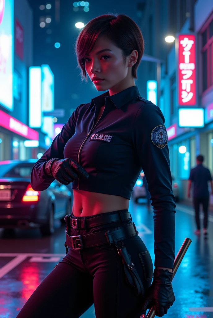 a sexy female future police officer , cyberpunk style, neon lights, futuristic police short uniform, baton in hand, short hair