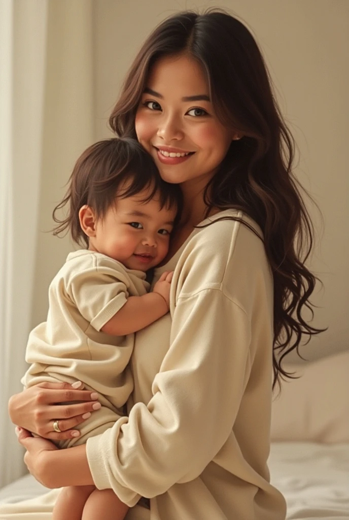(Highest quality、Tabletop、8k、Best image quality、Award-winning works)、(mother holding her baby:1.1)、Accentuate your body lines、Ultra HD Hair、Ultra high resolution perfect beautiful teeth、The most beautiful smile is looking at me、Ultra-high definition beauty face、Ultra HD Hair、Ultra HD Shining Eyes、Shining ultra-high definition white skin、Super high quality glossy lip、(Accurate anatomy:1.2)、(Extremely blurred luxury hotel bedroom background:1.1)、(Strongly blurred background:1.1)、Luxury wall decor、Luxury Interior、(Royal VIP bedroom in the finest hotel:1.2)、(Moody and luxurious lighting:1.1)