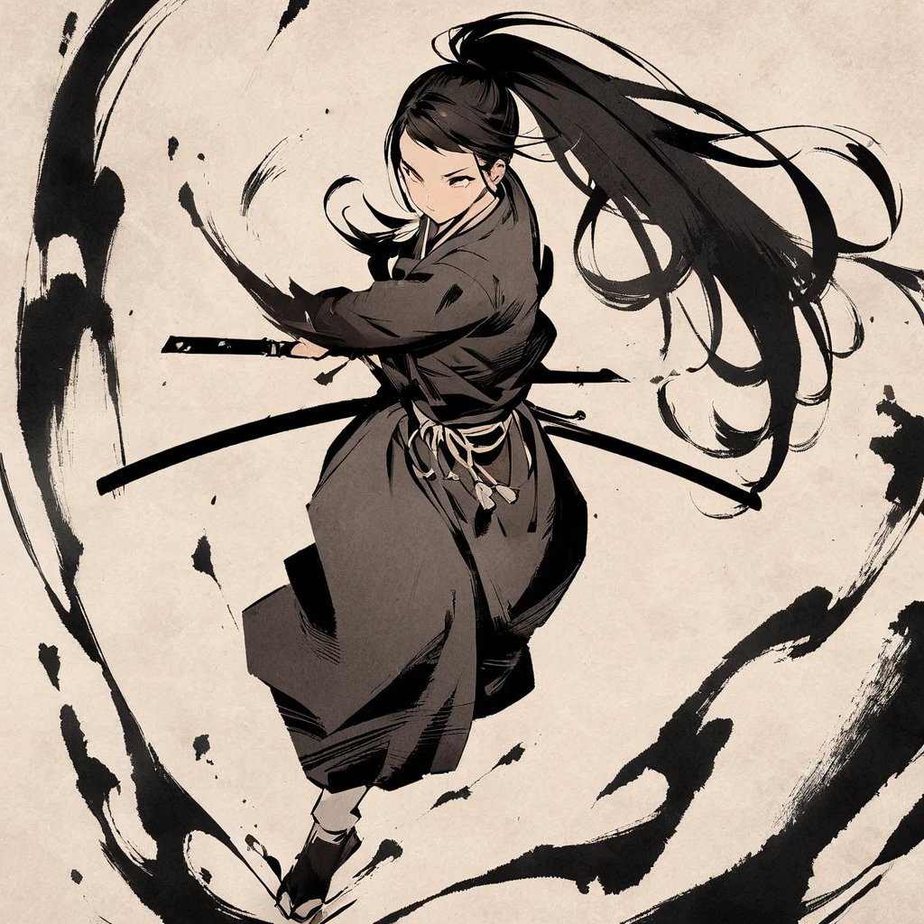 up-down view，Best quality, masterpiece, high resolution, ink painting, female samurai, black hair, ponytail, holding a sword, screen-cutting effect, screen-crackling effect
