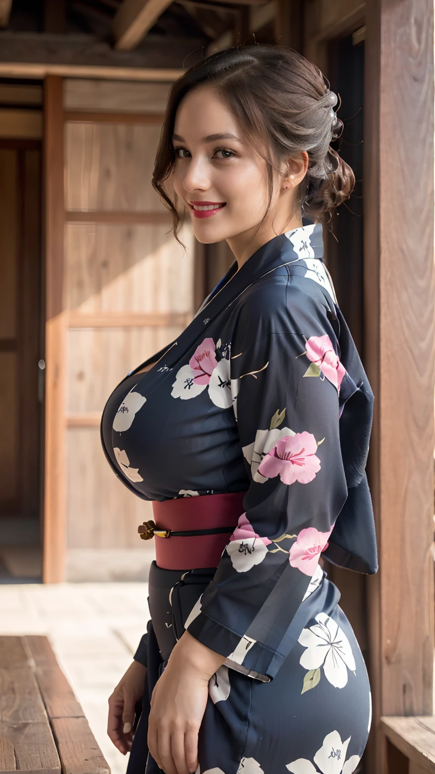 ((20 year old girl)), (Wearing a luxurious yukata, Jewelry: 1.4), ((Inside a Medieval Japanese Palace)), (at night), (((Huge breasts, cleveage))), (Hourglass figure), Lipstick, photoPractical, masterpiece, Practical, realism, photorealism, High contrast, photoPractical, 8k HD high definition detailed Practical, detailed, Texture, hyper detailed, Practical Texture, best quality, (photoPractical:1.4), high resolution, detailed, RAW photos, photo Practical, (high detailed skin:1.2), 8K Ultra HD, Digital SLR Camera, Soft lighting, high quality, Film Grain, Fuji XT3), hyper Practical lifelike texture dramatic lighting unreal engine, even, Neutral Light, Key Light, bold, Vibrant colors, sunlight, (Balanced Saturation), (Dynamic Lighting), (Natural Lighting), ((soft red Lipstick)), (Natural Makeup), ((Ginger Hair)), ((Glowing skin)), (Colored lights), (Gentle smile : 1.7), (Female pose : 1.5), ((Side angle shot : 1.7)), (Looking at the camera : 1.4),Low-cut,Cleavage,White skin。To the audience