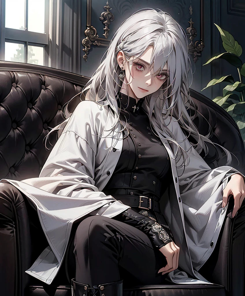 (Confused, High resolution, Very detailed), 1 female, Silver Hair,Long Hair,Knot,Hair tied at the nape,Crimson Eyes,Black and white clothes,Age 2,beauty,mature,Mature,thin,quiet,Small smile,Cape,Slender and thin,boots,skinny pants,Sitting on the couch,lobby,Small breasts,Small waist
