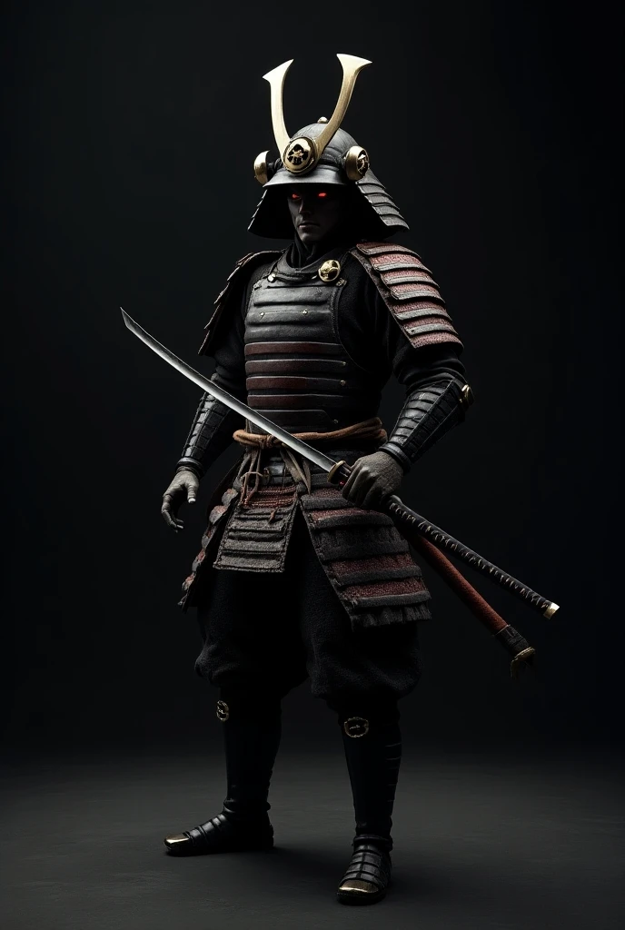 ((masterpiece, highest quality, Highest image quality, High resolution, photorealistic, Raw photo, Extremely detailed CG unified 8k wallpaper)), Dramatic Light, Volumetric Light, A samurai wearing armor and a helmet is holding his sword, action pose, attention to the sword as a beautiful work of art, simple background, dark background, the sword reflecting light,