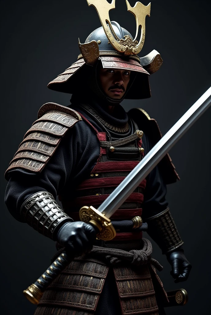 ((masterpiece, highest quality, Highest image quality, High resolution, photorealistic, Raw photo, Extremely detailed CG unified 8k wallpaper)), Dramatic Light, Volumetric Light, A samurai wearing armor and a helmet is holding his sword, action pose, attention to the sword as a beautiful work of art, simple background, dark background, the sword reflecting light,