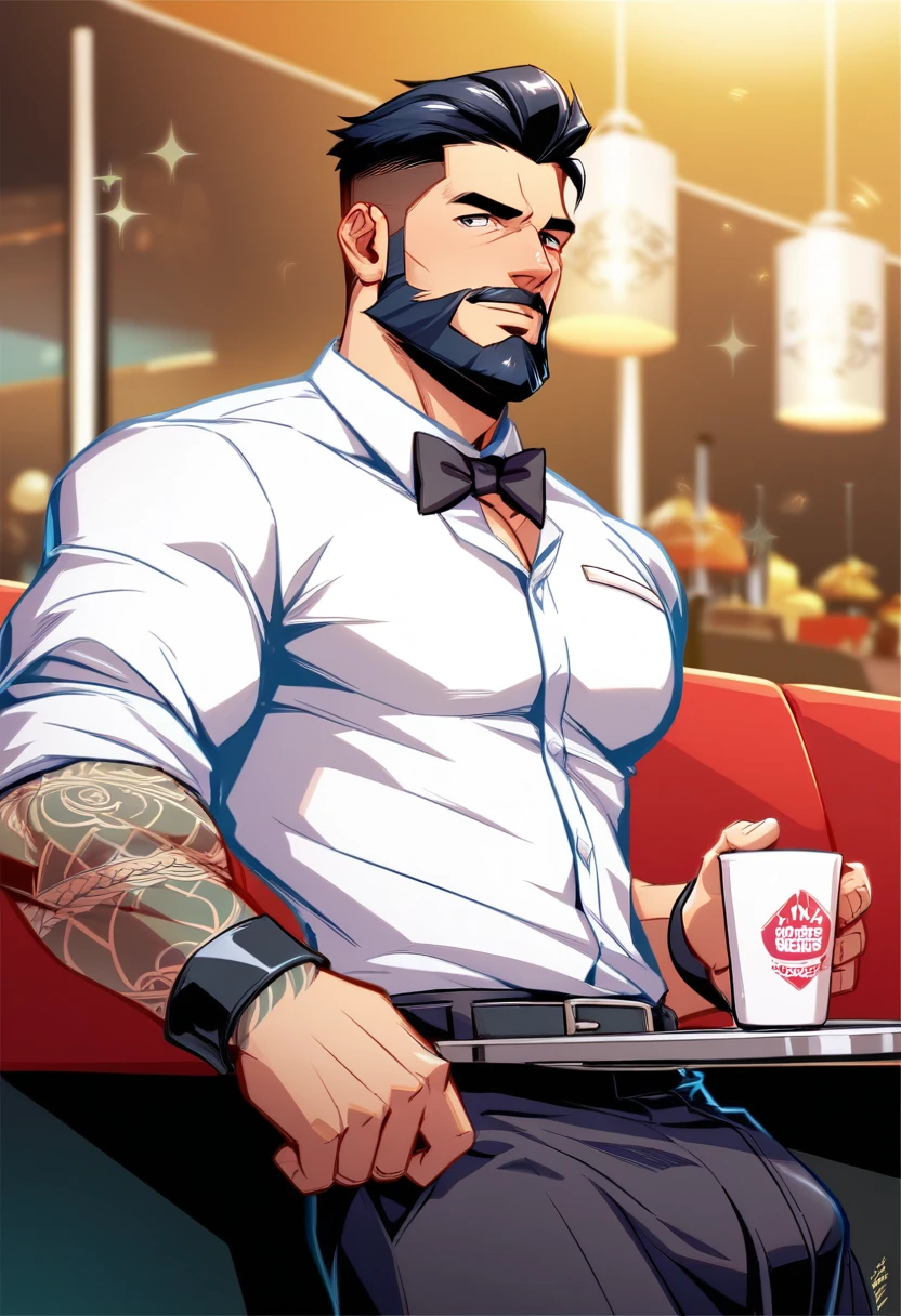 a big muscle bearded tattooed waiter with big penis serving coffee and adding semen from his big penis, NSFW, naked, muscular, perfect anatomy, hot waiter stripper costume, wearing shirt collar and black bow tie and shirt and cuffs, handsome, bearded, short haircut, lewd expression, ejaculating in coffe cup, big penis, cup of coffe, fancy restaurant, high resolution, high quality, masterpiece