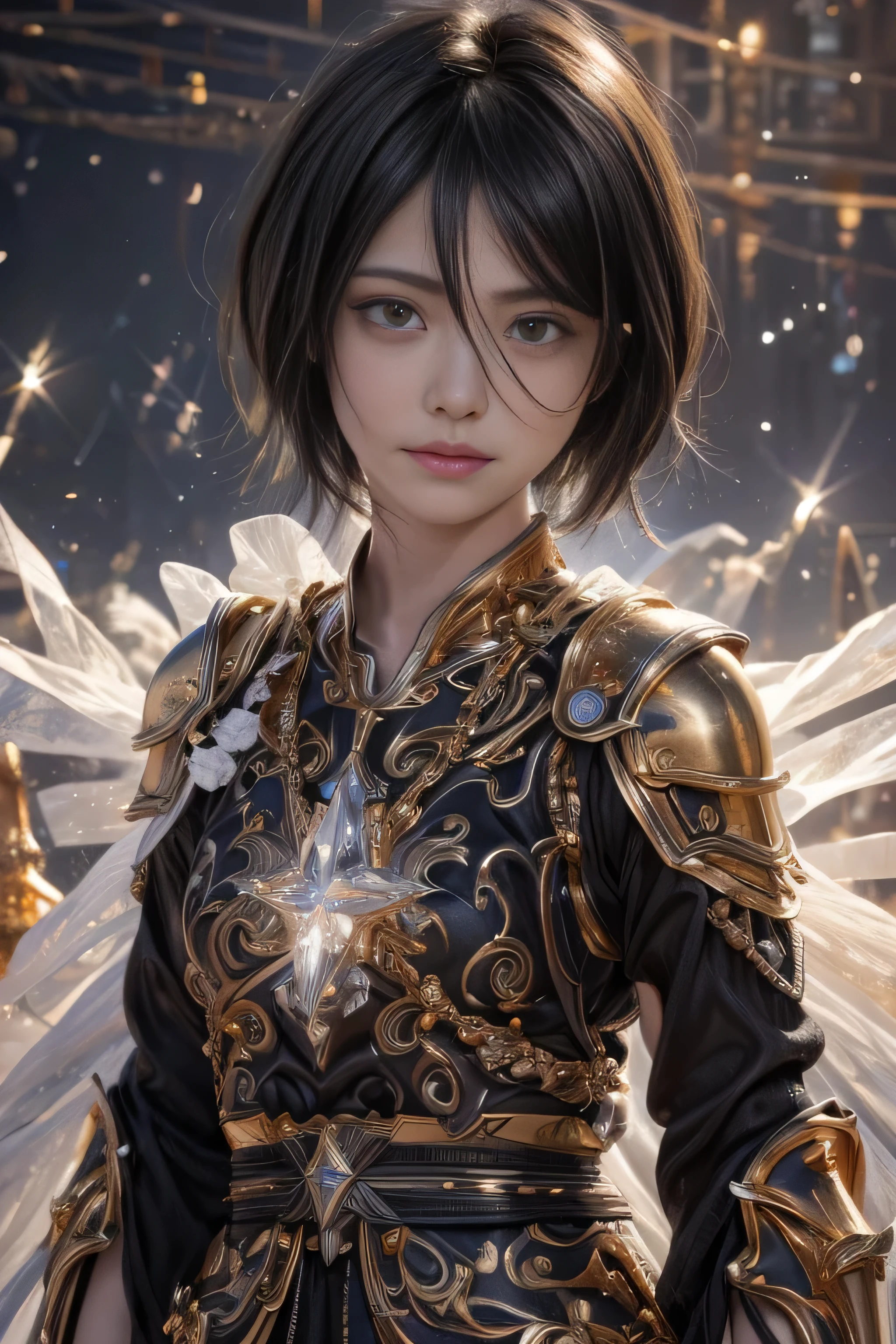 masterpiece, best quality, (realistic,photo-realistic:1.4), (RAW photo:1.2), extremely detailed CG unity 8k wallpaper, delicate and beautiful, amazing,finely detail, official art, absurdres, incredibly absurdres, huge filesize, ultra-detailed,extremely detailed eyes and face,light on face,rukia,(little smile),(black hair:1.4),(short hair:1.6),(wearing gold armor:1.5),(ice crystal background1.3)
