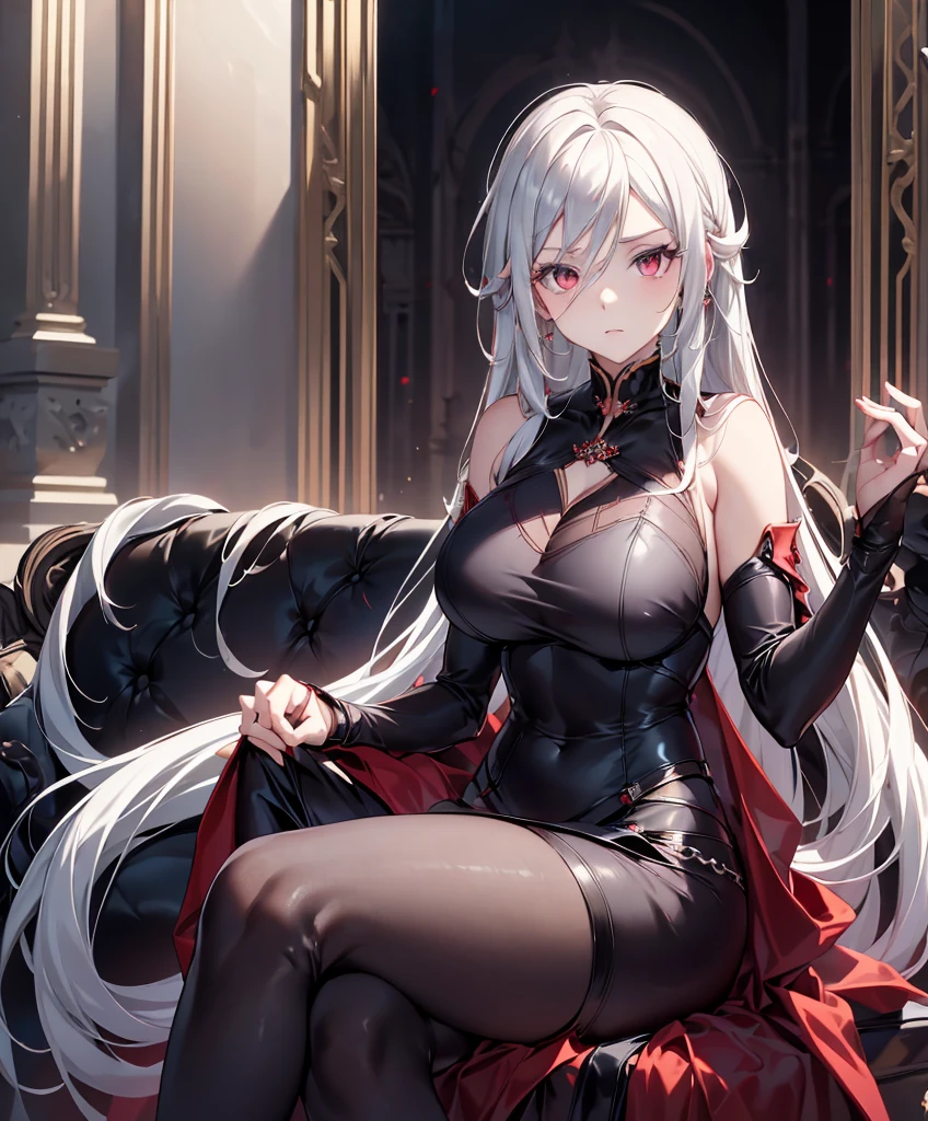 score_9_up, score_8_up, score_7_up, A detailed illustration in anime style. A young woman with long flowing white hair. An intense and seductive expression with smooth flawless skin, piercing red eyes, and a hint of red on her cheeks. She wears an elegant, form-fitting, shimmering sleeveless red and black gothic dress. The background is a castle venue, and the lighting effect with a soft gradient of light grey and white tones highlights her hair and outfit. She is sitting elegantly, with the regal expression of superiority, slim and tender, she has huge breasts, with a close-set European face.