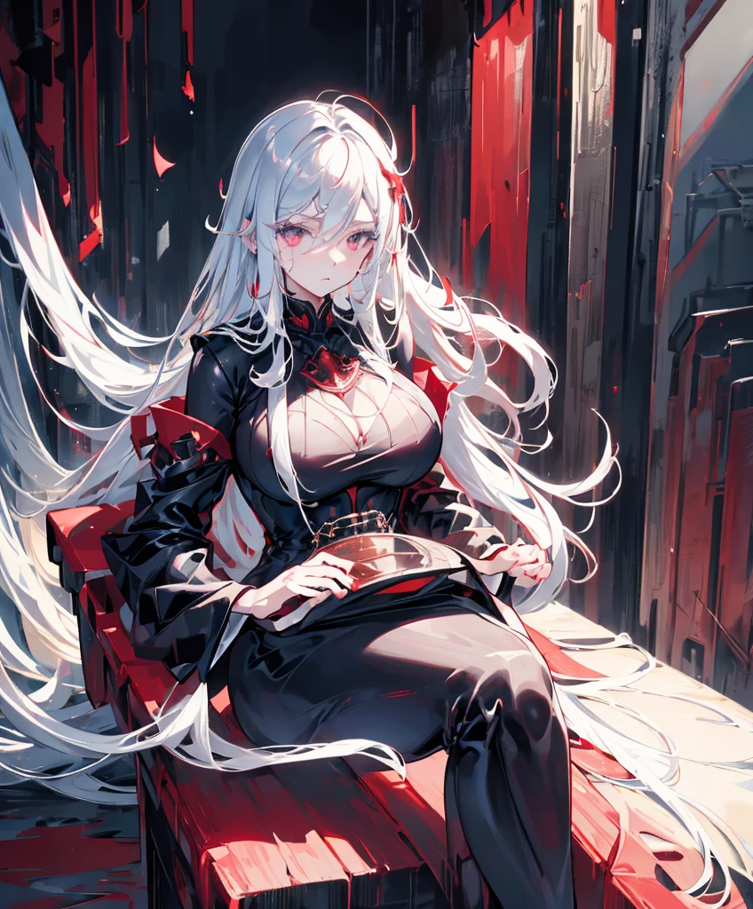 score_9_up, score_8_up, score_7_up, A detailed illustration in anime style. A young woman with long flowing white hair. An intense and seductive expression with smooth flawless skin, piercing red eyes, and a hint of red on her cheeks. She wears an elegant, form-fitting, shimmering sleeveless red and black gothic dress. The background is a castle venue, and the lighting effect with a soft gradient of light grey and white tones highlights her hair and outfit. She is sitting elegantly, with the regal expression of superiority, slim and tender, she has huge breasts, with a close-set European face.