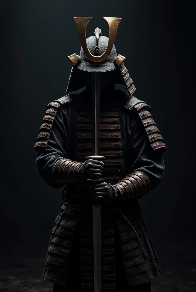 ((masterpiece, highest quality, Highest image quality, High resolution, photorealistic, Raw photo, Extremely detailed CG unified 8k wallpaper)), Dramatic Light, Volumetric Light, KATANA, A samurai wearing armor and a helmet is holding his sword, can't see his face, action pose, attention to the sword as a beautiful work of art, simple background, dark background, the sword reflecting light,