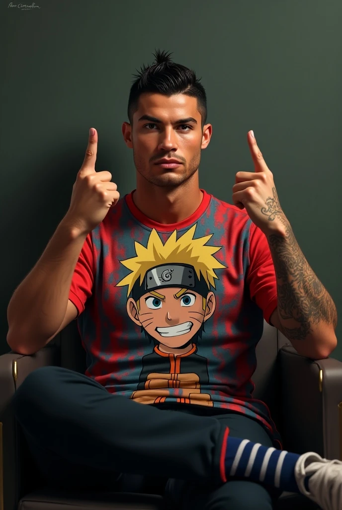Printed soccer jersey featuring the Japanese anime Naruto sitting on a soccer ball smoking, on the left side the nike symbol, very dark shirt background hanging on a hanger and several soap bubble details
